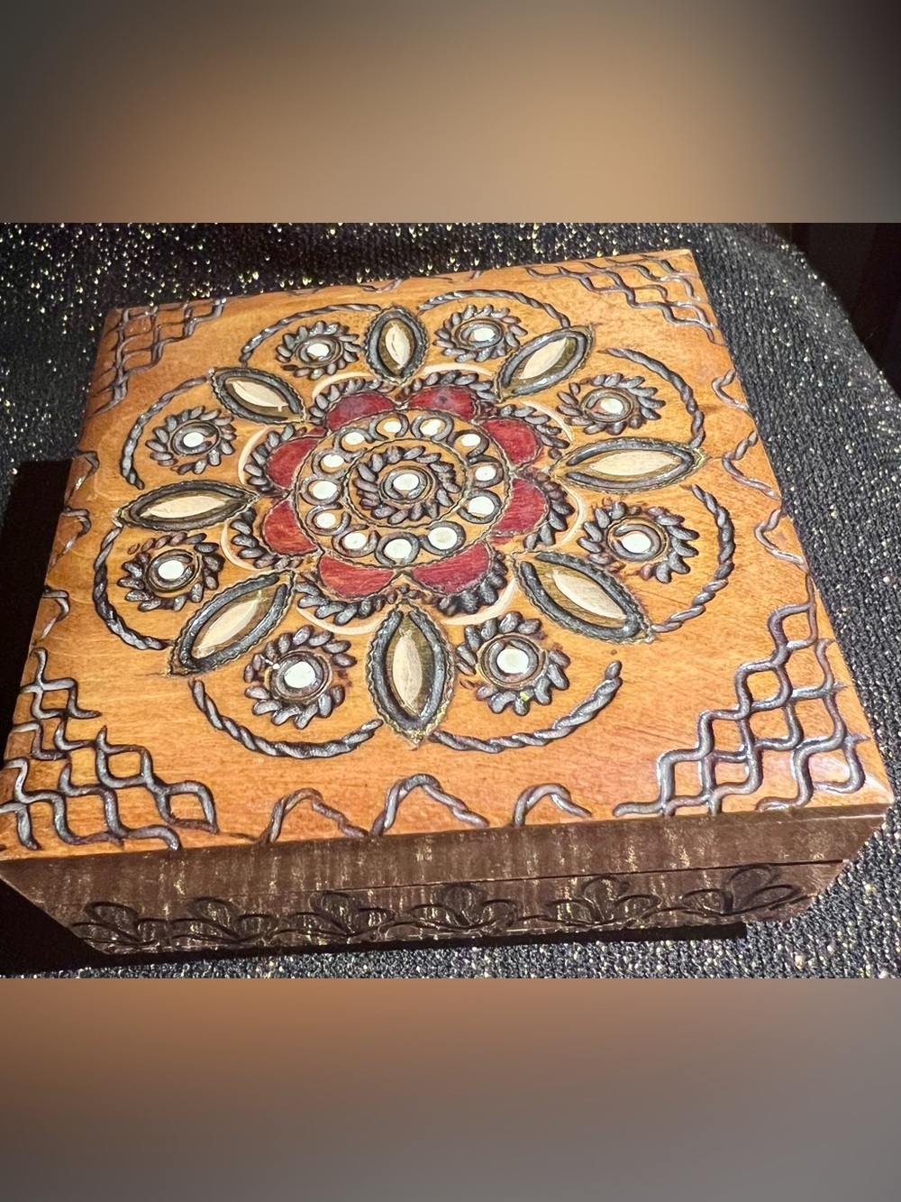 Vintage Pyrography Wood Burn Box Floral Design Hinged Trinket Box - 4” Square